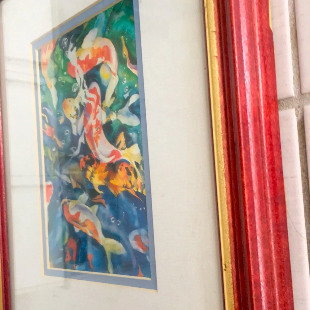 Framed Koi Fish Colourful Water Painting Print by Tracy Reid 1991 - Oak Frame - Picture 7 of 14